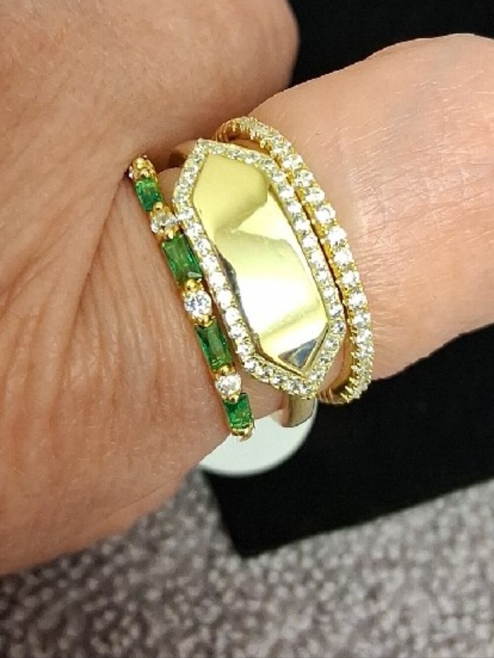 Gold 3 Piece Stackable Ring Set with Green Stones - Size 7 - Picture 4 of 6